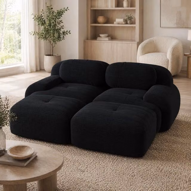 Divano angolare modulare 208x178x70 cm senza telaio in velluto a coste nero