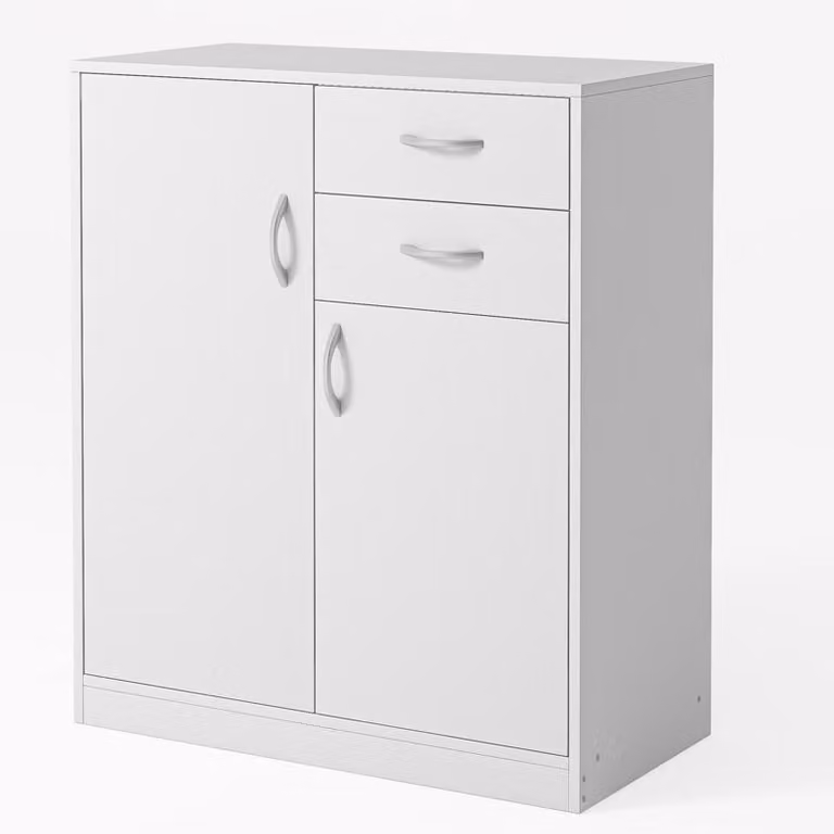 Cassettiera moderna e scaffali in mansarda con ante bianche 74 cm