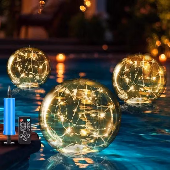 Set di 2 luci LED galleggianti per piscine e laghetti, alimentazione solare, colore bianco trasparente, diametro: 37 cm, protezione IP68, luce bianco caldo