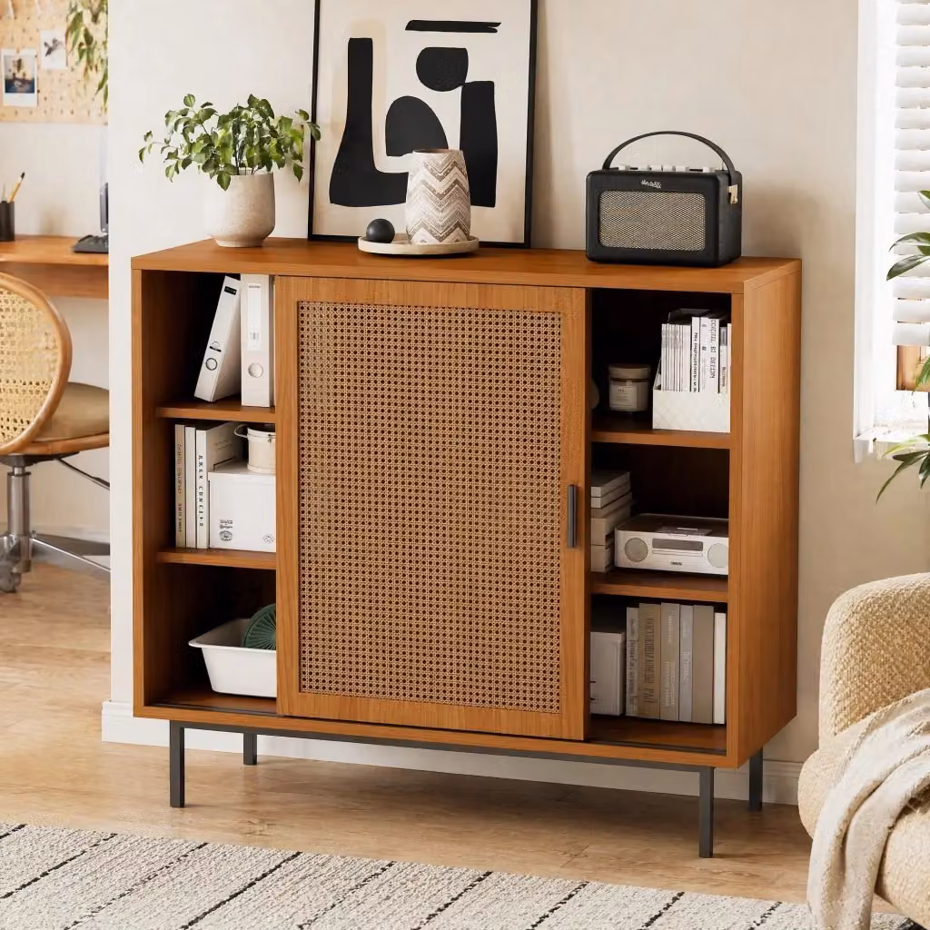 Credenza moderna con 2 ante scorrevoli in rattan e 3 ripiani, colore marrone, L: 100 cm, H: 90 cm, P: 37 cm – 2