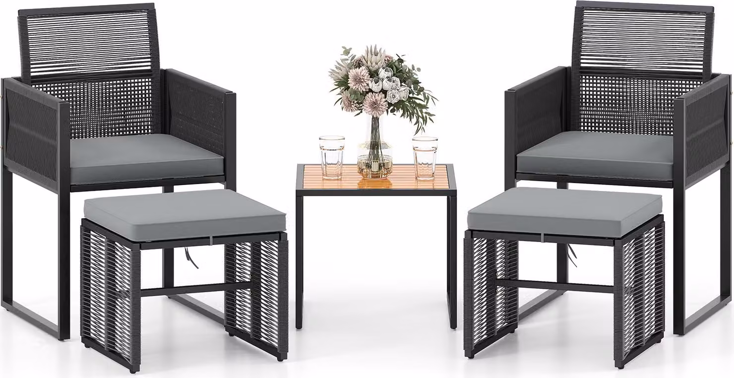 set di mobili da giardino in rattan da 5 pezzi, mobili da salotto per esterni con tavolo in legno d'acacia, poltrone in rattan PE, cuscini sfoderabili e pouf impilabile