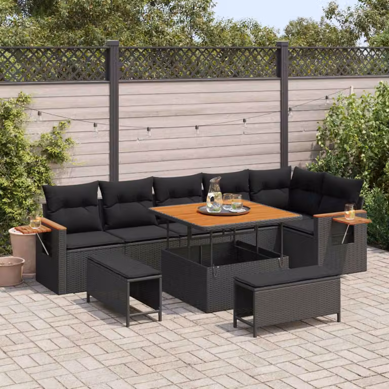 Set Divano da Giardino vidaXL 11 Pezzi L-Shape Nero con Cuscini e Tavolino