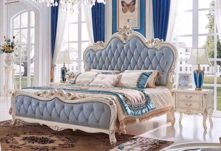 Massivholz Doppelbett mit Kunstleder in Blau Komfort Bett 180x200