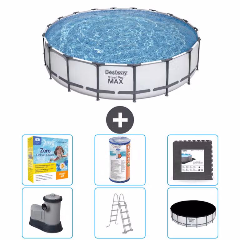 Piscina Bestway Round Steel Pro MAX - 549 x 122 cm - grigio - inclusa pompa - scala - pacchetto manutenzione copertura - filtro - piastrelle per il pavimento