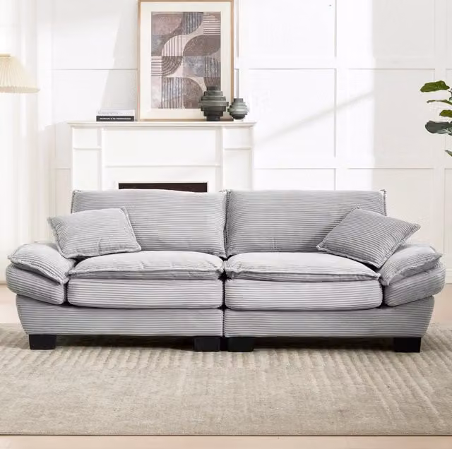 Divano 2 posti 224x81x81 cm con seduta ultraprofonde; in velluto grigio chiaro