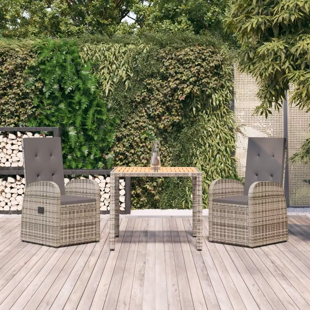 Set da Pranzo da Giardino vidaXL in Polyrattan e Legno di Acacia Grigio con 3 Pezzi