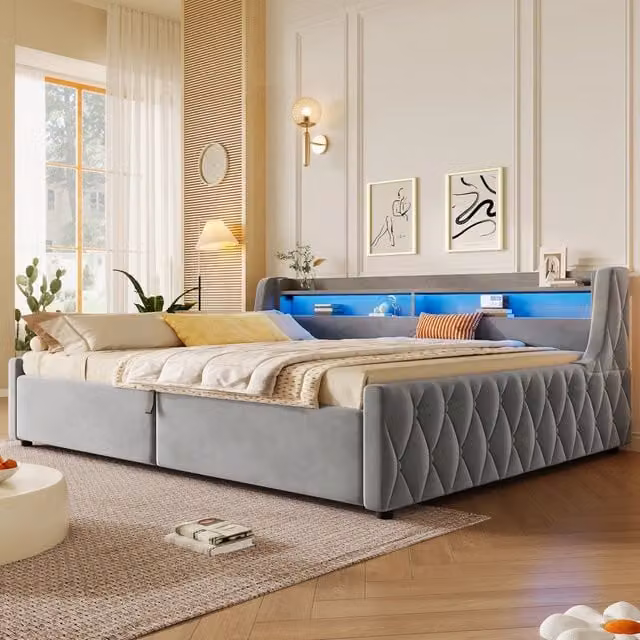Letto una piazza e mezza imbottito 140 × 200 cm con vano contenitore idraulico testiera LED flanella grigio