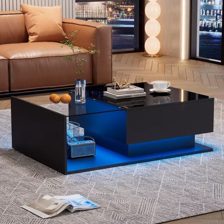 MODFU Tavolino da salotto LED lucido per soggiorno, camera da letto, tavolo contenitore rettangolare con piano in vetro e cassetti, nero