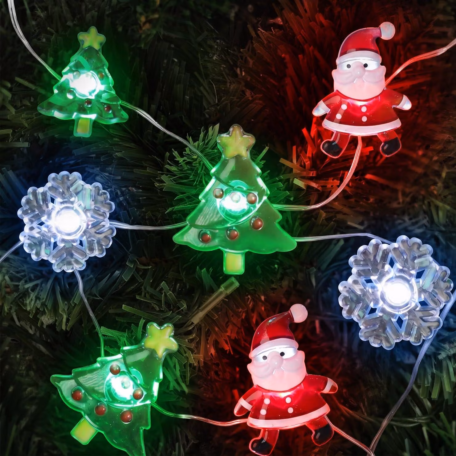 Catena luminosa a LED, lunghezza 3 metri, 30 LED, con decorazioni a forma di fiocchi di neve e Babbo Natale, multicolore