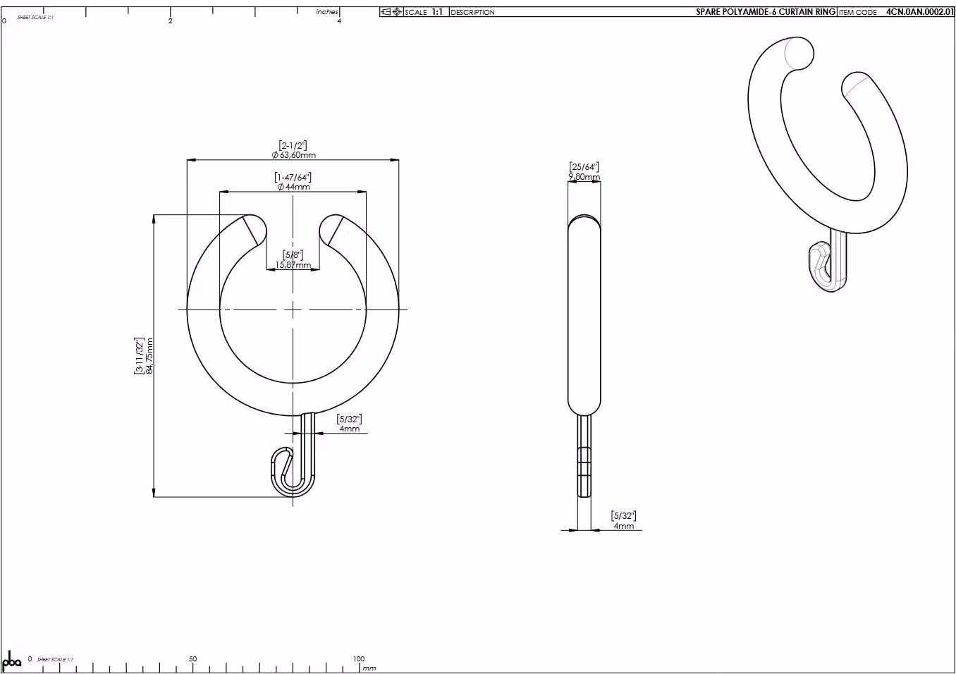 pba 01 Anello per tenda da doccia in nylon