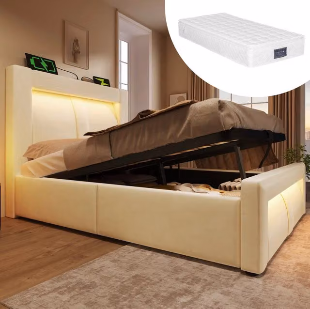 Letto 90x200 cm con contenitore, LED, USB e materasso, con rivestimento in velluto beige