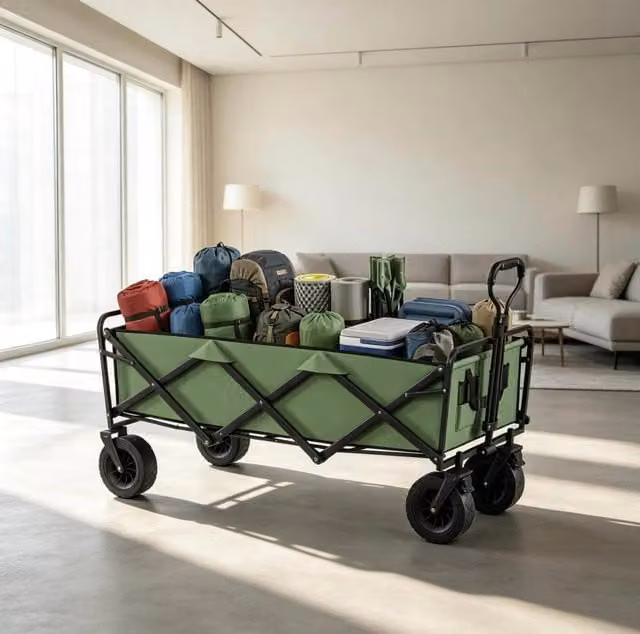Carrello da giardino pieghevole ULEVR 130 L con portata fino a 250 kg, ruote con freno e maniglia regolabile, verde