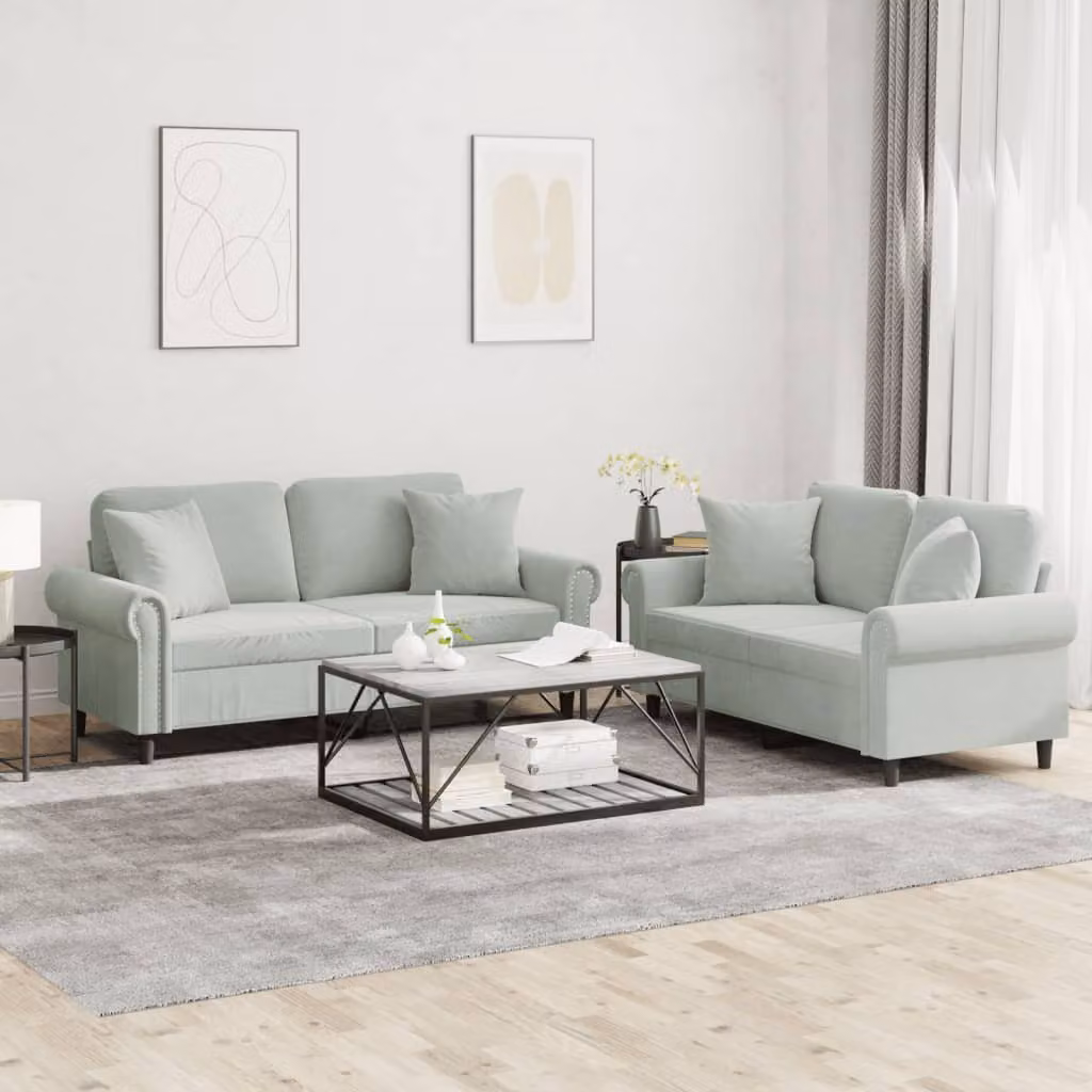 vidaXL Set di 2 Divani Moderni in Velluto Grigio con Cuscini – 1