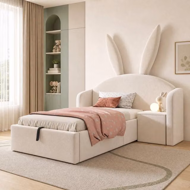 Letto imbottito per bambini ULEVR 90x200 cm con contenitore idraulico, comodino montabile a sinistra o destra, beige