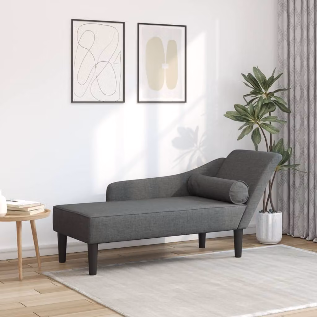 Chaise Longue vidaXL Moderna a Forma a L con Cuscini in Tessuto Grigio e Struttura in Legno Massello L/P/H: 141.0 x 55.5 x 66.5 cm