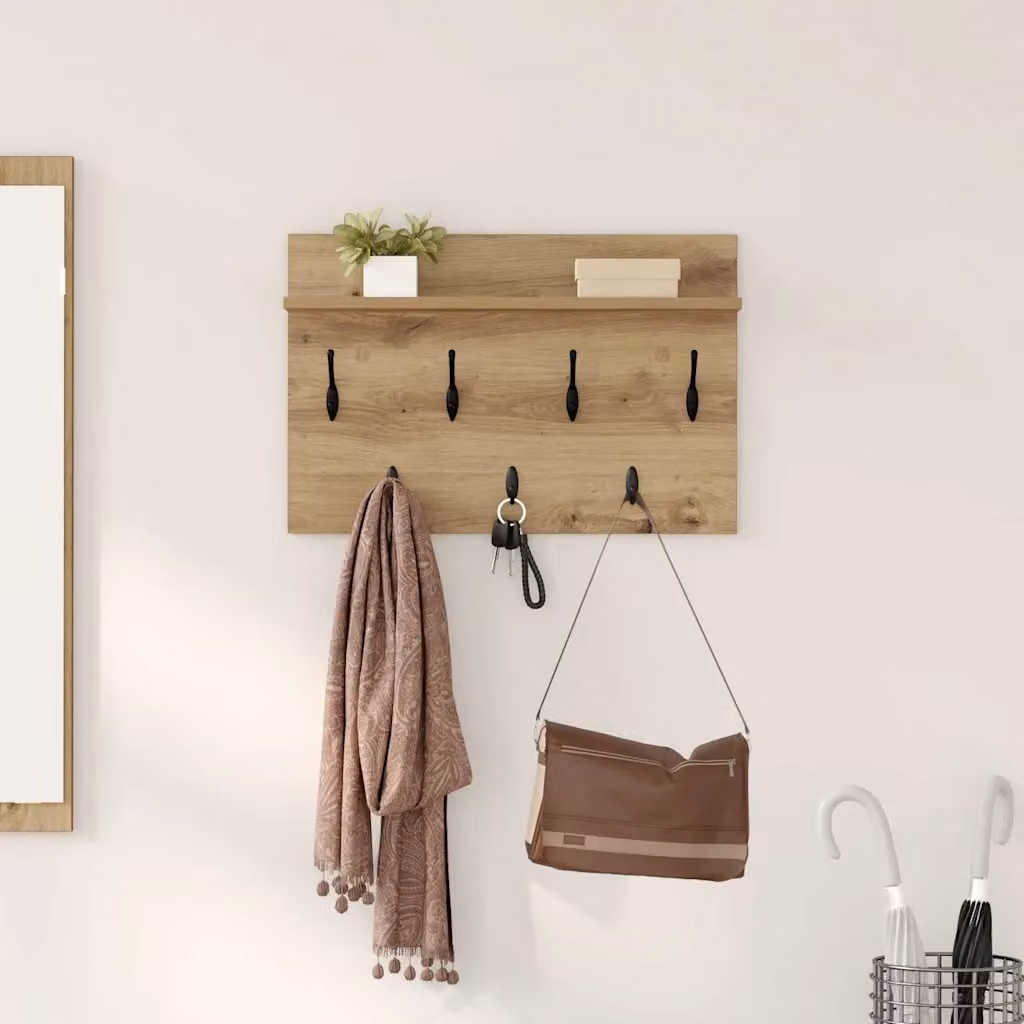 Appendiabiti a muro vidaXL in legno marrone con ganci distribuiti L: 60 cm, P: 40 cm, H: 12 cm