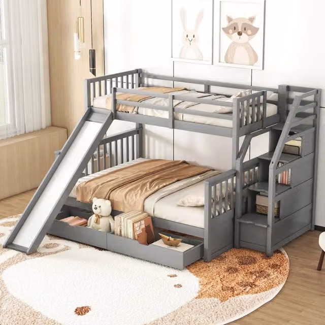 Letto a castello 3 posti 90 × 200 cm e 140 × 200 cm con cassetti, scivolo e scala, senza materassi, grigio