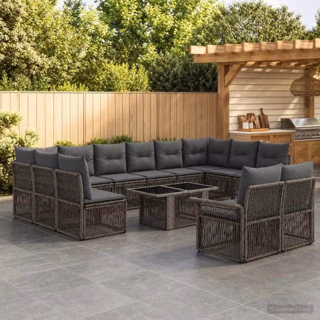 Set Divano da Giardino vidaXL in Polyrattan Grigio, 13 Pezzi con Tavolino e Cuscini, Forma a U