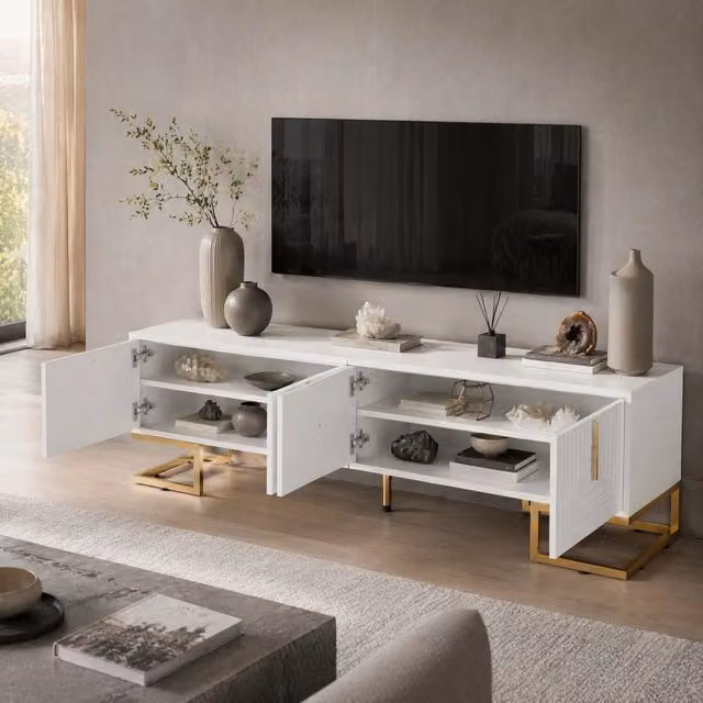 Mobile TV in pannello truciolare con 4 ante; piedini regolabili e dettagli dorati; 170 x 40 x 45;5 cm; bianco
