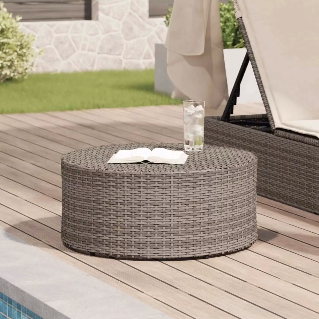 Tavolino da caffè rotondo in polyrattan grigio per esterno e soggiorno L: 68 cm, P: 30 cm, H: 30 cm – 2