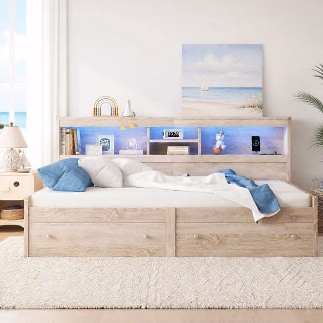 Letto singolo 90 × 200 cm con rete a doghe due cassetti luci LED porte USB e prese di ricarica naturale