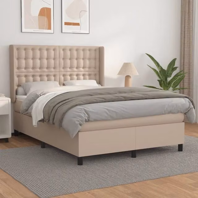 Letto con Giroletto a Molle e Materasso Ibrido vidaXL in Similpelle Beige e Bianco L/P/H: 193 x 147 x 128 cm – 1