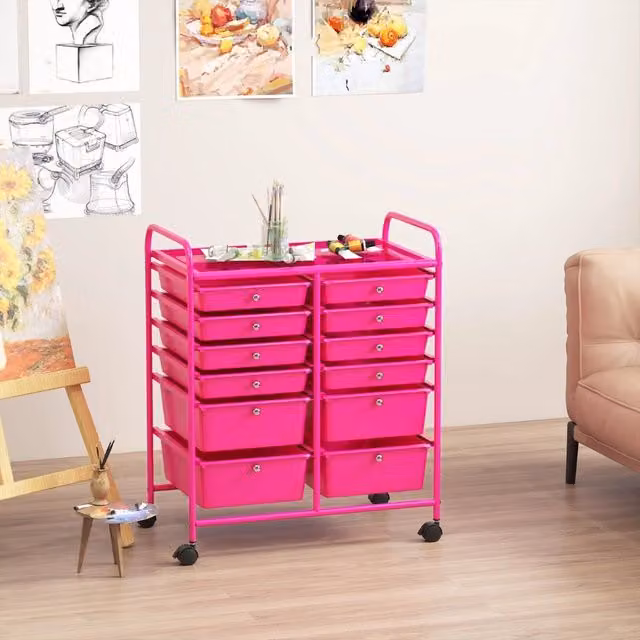 Carrello multiuso Design In con 12 cassetti in plastica e metallo, Rosa, L: 64 cm, P: 38 cm, H: 75 cm