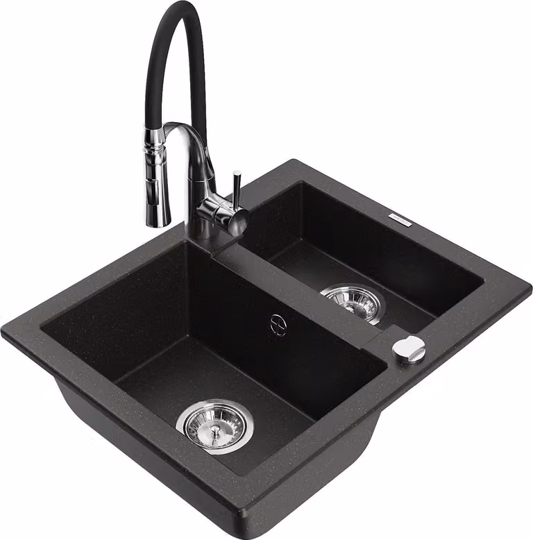 Mexen Carlos lavello in granito a 1,5 vasca con rubinetto da cucina Aster, nero/oro metallico - 6518-75-73450-07