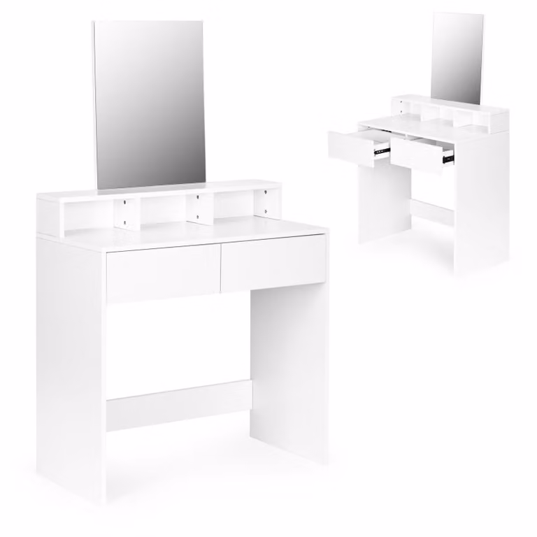 Comò moderno e spazioso con specchio e cassetti, ideale per il trucco, marca ModernHome