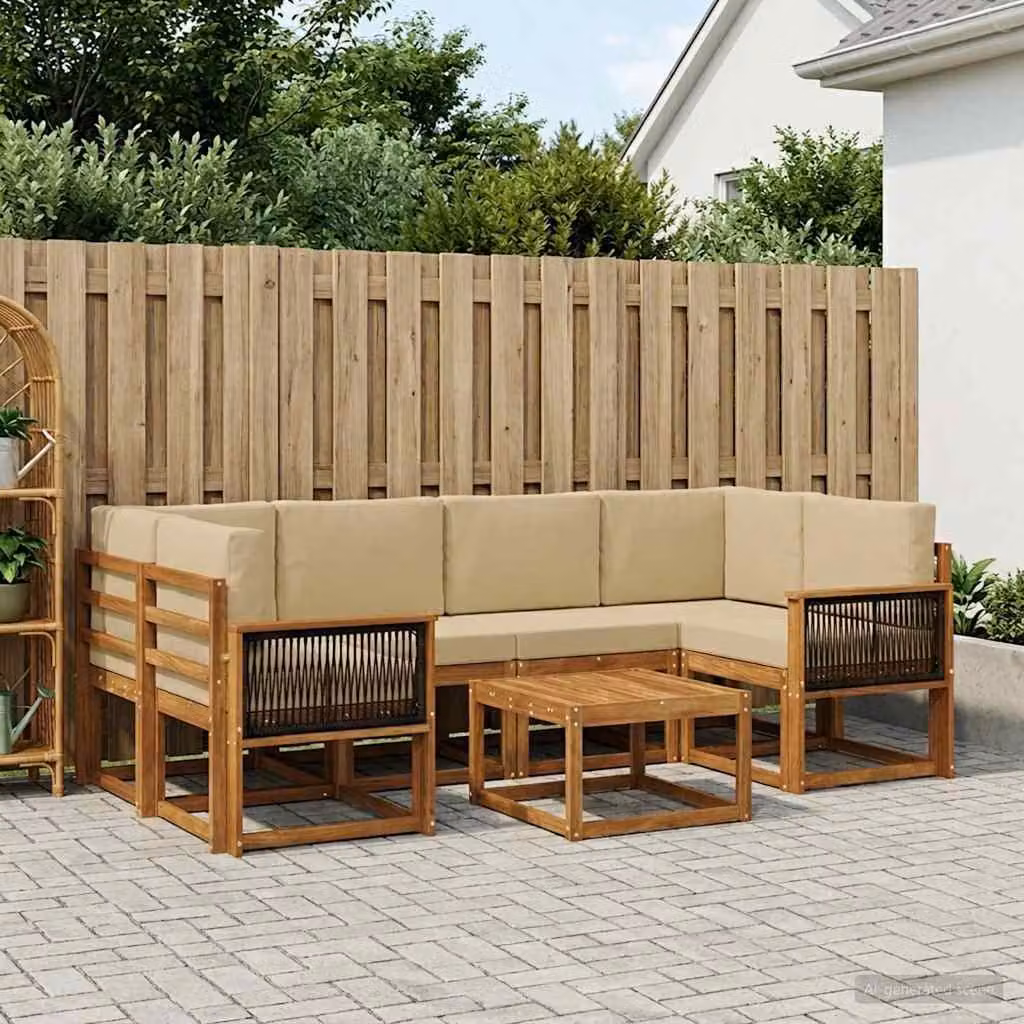 Set di divani da esterno vidaXL in legno di acacia con cuscini, composizione a L con angolo, pouf e tavolino da giardino, colore beige e marrone