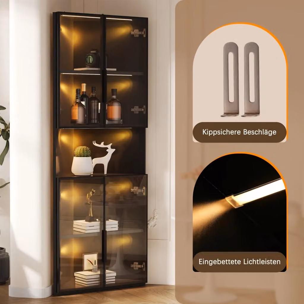 Vetrina angolare triangolare REDOM nera in MDF con ante in vetro e illuminazione LED L/P/H: 62 x 32 x 160 cm – 2