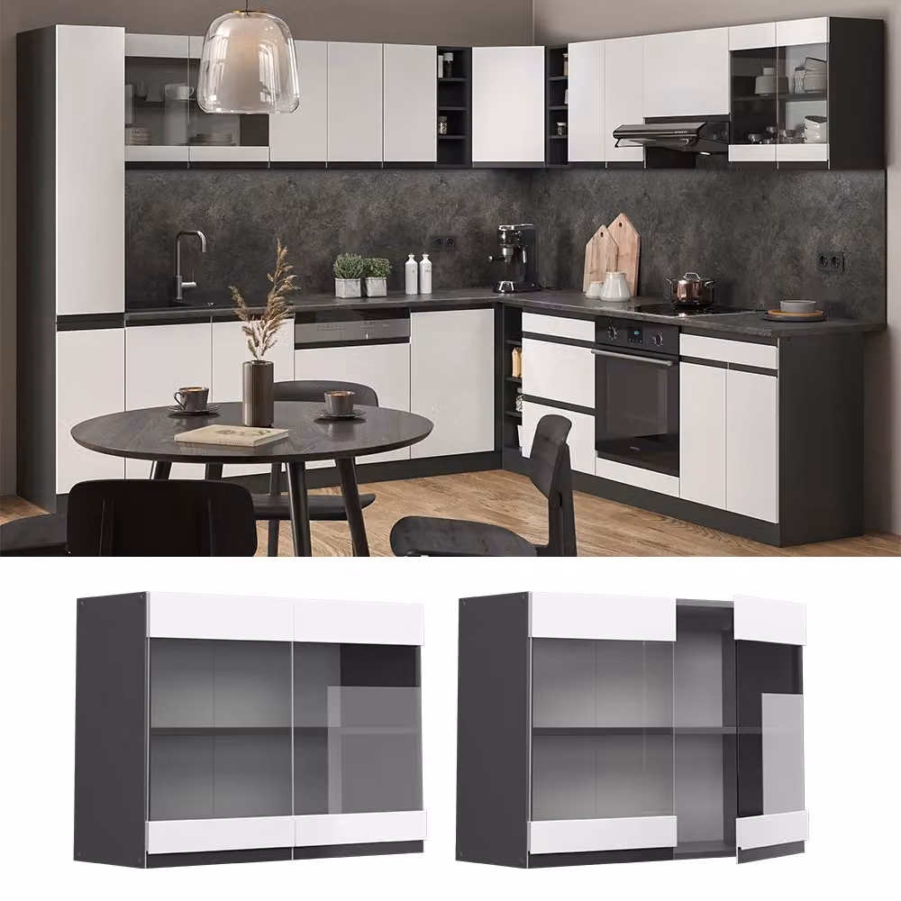 Pensile da cucina Vicco R-Line Bianco e Antracite con ante in vetro lucido L 80 cm x H 60 cm x P 31 cm – 2
