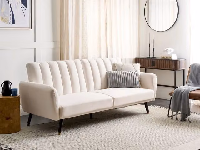 Divano letto click-clack Beliani a 3 posti in tessuto beige con struttura in legno e poggiatesta regolabile per soggiorno e camera da letto L: 212 cm, P: 80 cm, H: 90 cm – 1