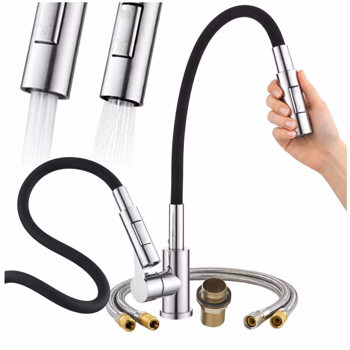 Granitan - Miscelatore cucina - Rubinetto cucina altezza 68 cm - Miscelatore lavello nero - RENO