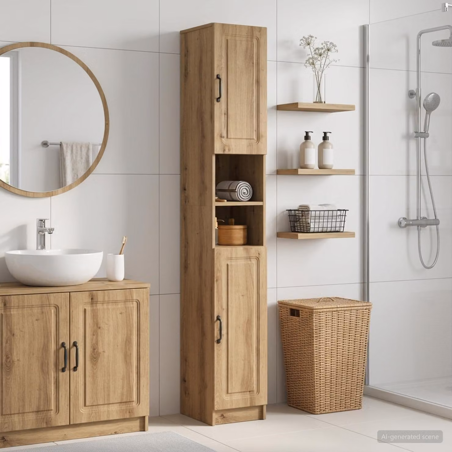 Armadio da Bagno Moderno vidaXL UTRECHT con Ripiano Aperto e Ante a Battente in Legno e Metallo, Marrone e Nero, L: 60 cm, P: 30 cm, H: 187 cm