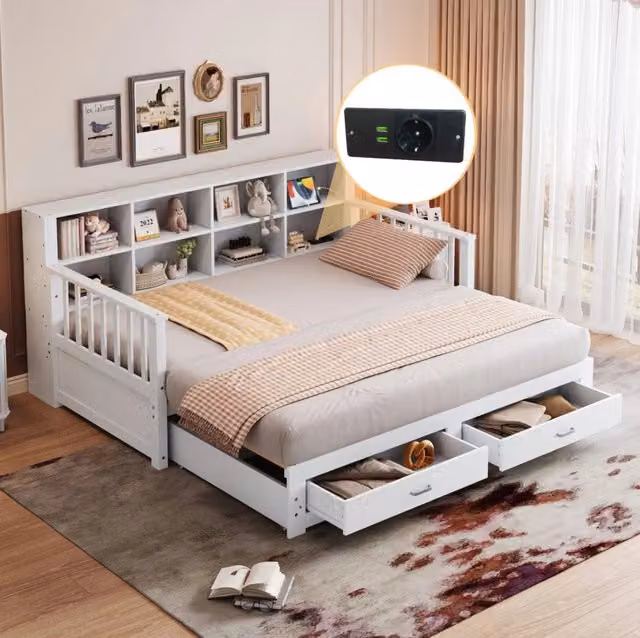 Divano letto 90x190 cm estraibile con contenitore; presa e 2 cassetti legno bianco