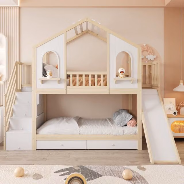 Letto a castello per bambini 90x200 cm a forma di casa con scivolo; scale e cassetti; legno bianco/naturale