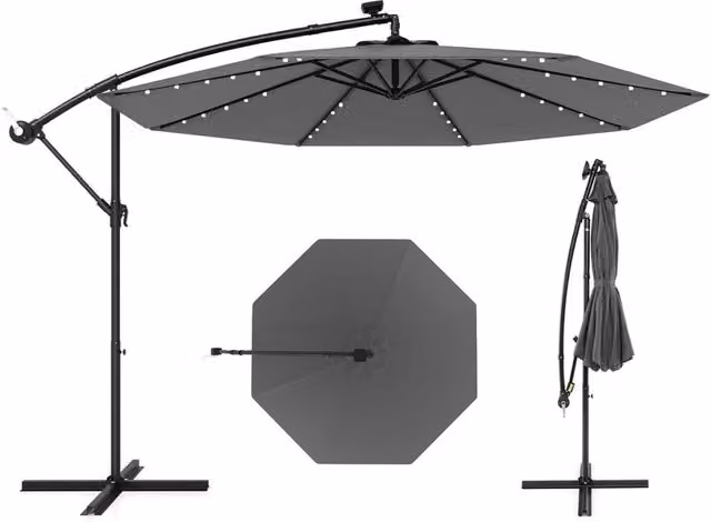 Ombrello solare a braccio DESIGN IN Grigio con 40 lampadine e pannello solare, Diametro: 300 cm