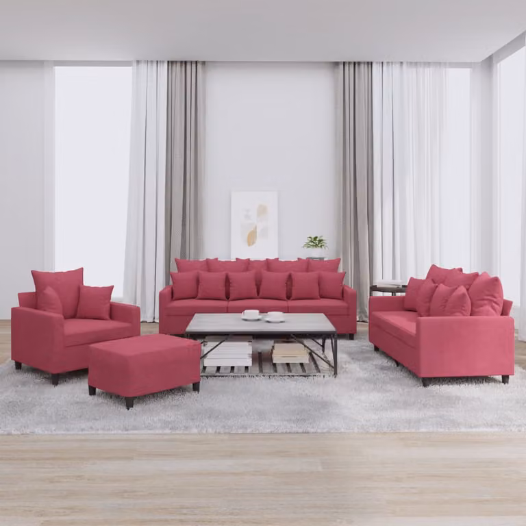 Set di divani vidaXL 4 pezzi in velluto rosso con cuscini, composto da divano a 3 posti, divano a 2 posti e pouf per il tuo soggiorno moderno