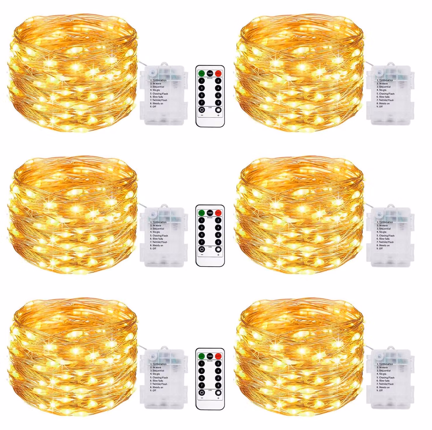 Catena luminosa, set da 6, 10 metri, 100 LED, luce bianco caldo, grado di protezione IP65, alimentazione a batteria, con telecomando