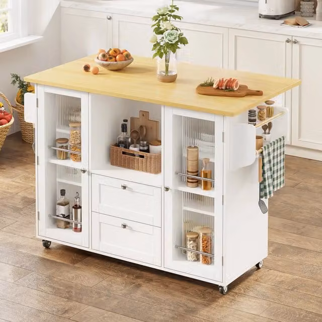 Isola da cucina mobile moderna in legno e bianco con piano ribaltabile, 2 cassetti, portaspezie e vetro di sicurezza L/P/H: 120 x 45(70) x 92 cm