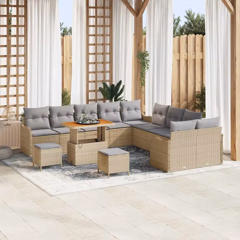 Set Divano da Giardino vidaXL 13 pz Beige in Polyrattan con Cuscini e Tavolino da Moderno Design a U