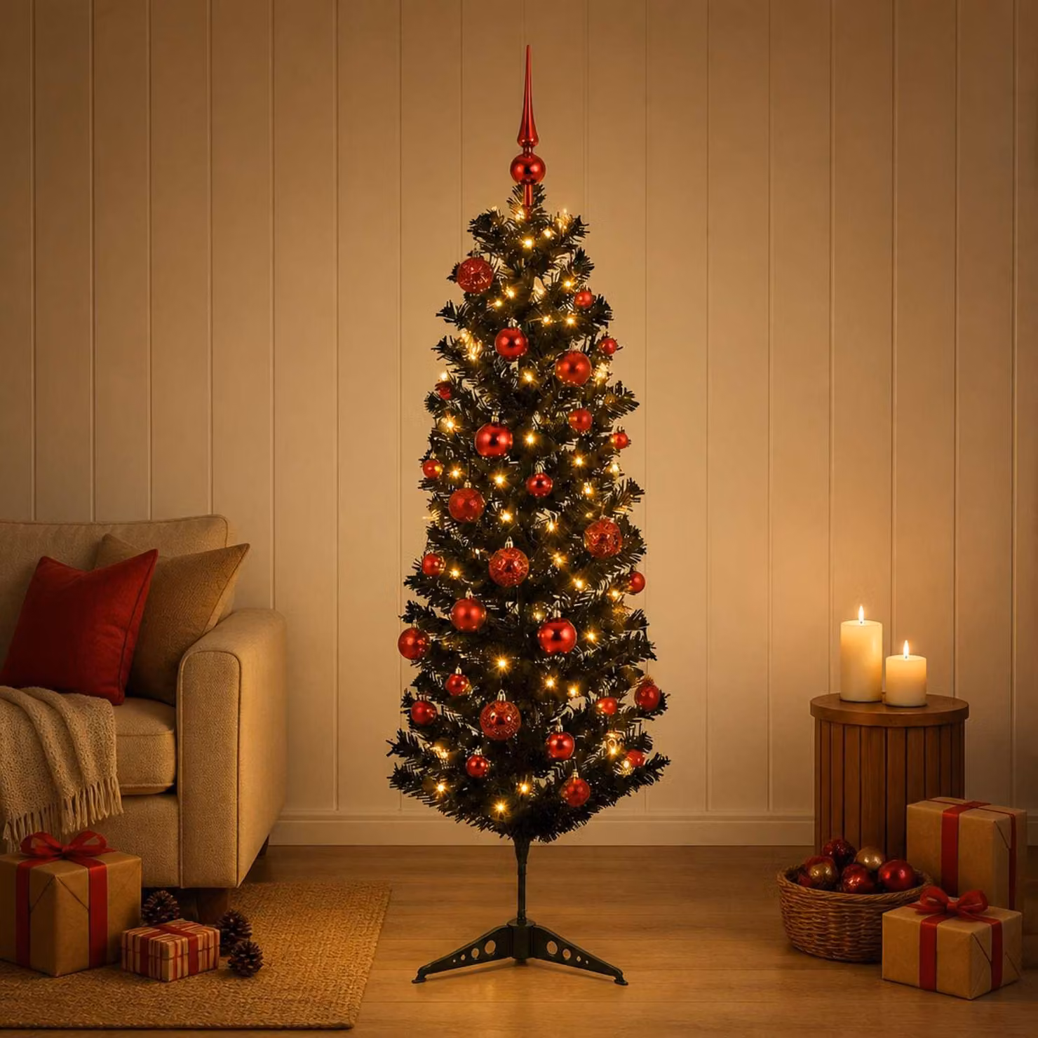 Albero di Natale artificiale, sottile, con decorazioni a forma di pallina, altezza 150 cm