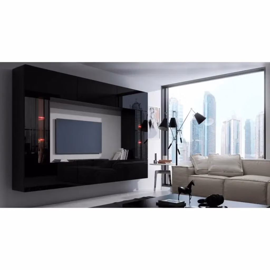 Set modulare da soggiorno sospeso Meublorama collezione CEPTO XXVIII nero opaco con illuminazione LED integrata, composto da 8 mobili, Larghezza: 249 cm – 2