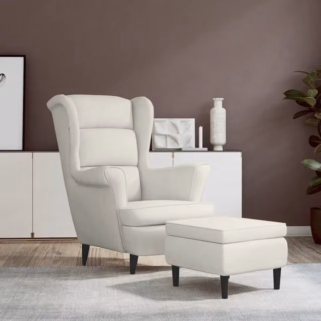 Poltrona relax con poggiapiedi integrato vidaXL in velluto beige con struttura in legno e schienale ad ala L/P/H: 96.5 x 78.0 x 90.0 cm – 1