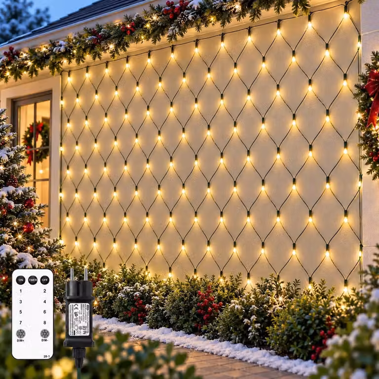 Rete luminosa a LED, dimensioni 2x2 metri, 144 LED bianco caldo, grado di protezione IP44, con telecomando e timer