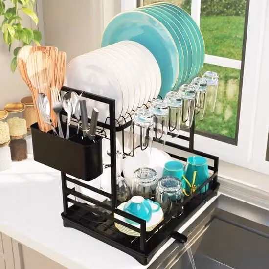 Droogrek per cucina con 2 livelli, in acciaio inossidabile, con scarico regolabile