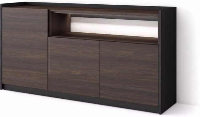 Credenza, Mobile, Cucina, 156x80x37 cm, 3 Porte, LED, Rovere scuro e Nero