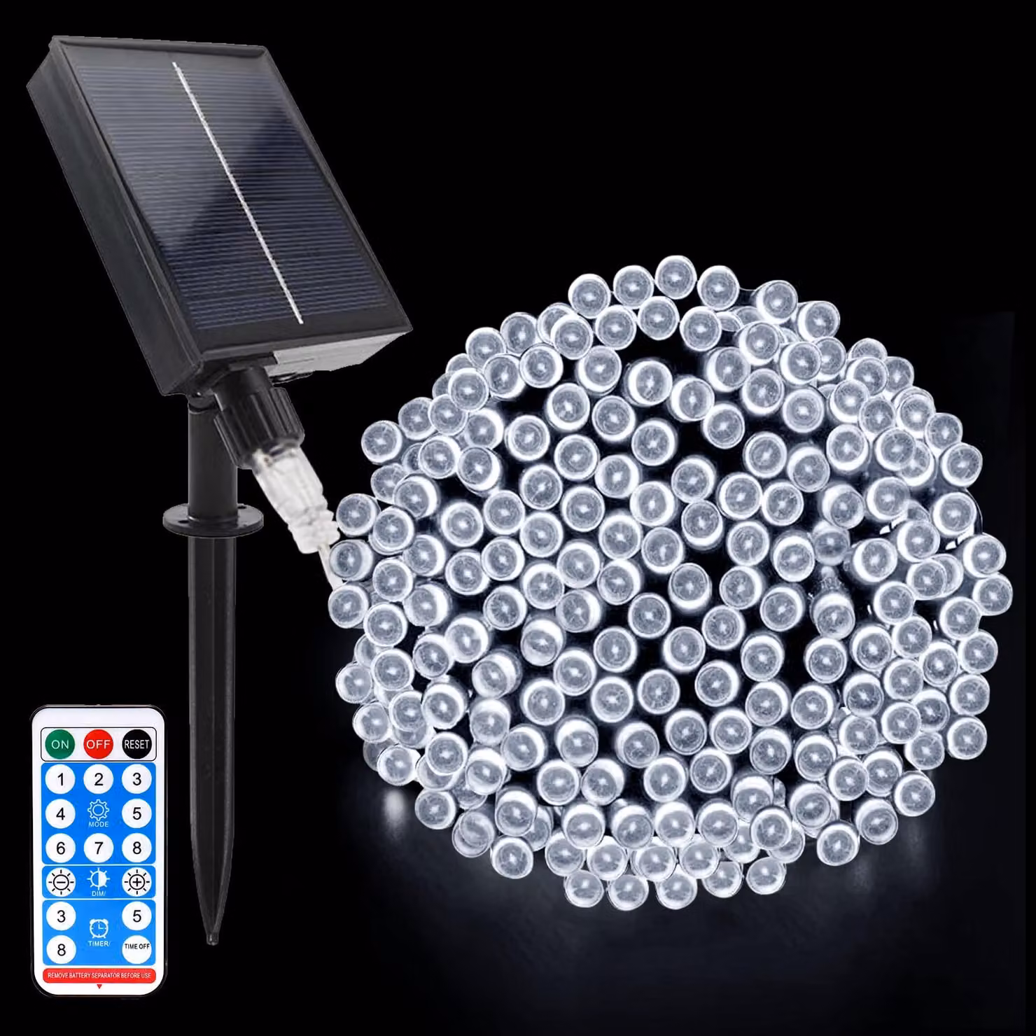 Catena luminosa solare, 20 metri, 200 LED, impermeabile, 8 modalità, con telecomando
