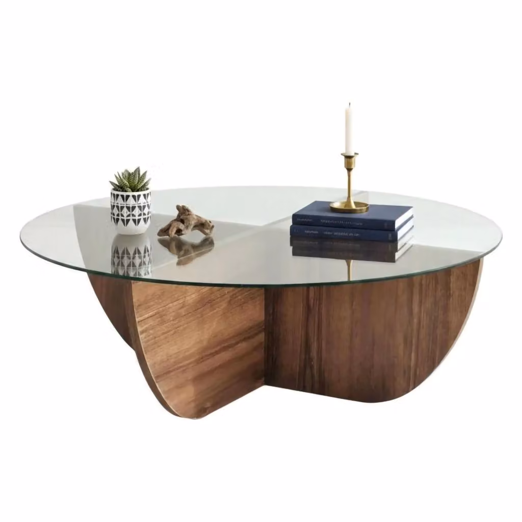 Tavolino da salotto rotondo DMORA Jolanda con piano in vetro trasparente e struttura in legno marrone, L/P/H: 90 x 90 x 30 cm – 2
